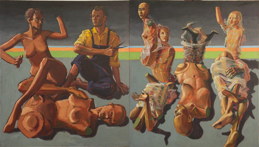 Oil painting by Paul Critchley : Self Portrait with mannequins
