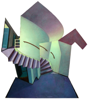 shaped oil painting ' Empty House' by Paul Critchley, 150 x 77 cm