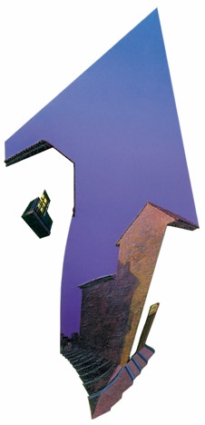 Shaped painting, two separate pieces, 'Dark Side Street, by Paul Critchley