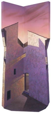 shaped, constructed, corner oil painting by Paul Critchley 'The Corner In The Evening'