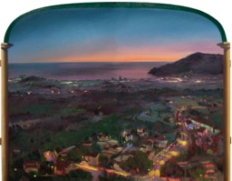Painting by Paul Critchley 'Por Los Archos De "El Cautivador"'  62 x 161 cm ~ oil on canvas on hardboard, closed