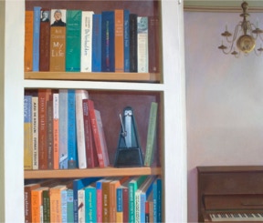 The Music Room Installation, detail of the painted open left door with painted books, shelves and metronome