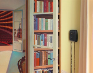 The Music Room Installation, detail of the right open door and painted telephone by Paul Critchley