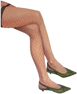 shaped painting of woman's crossed legs wearing net stockings