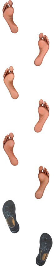 shaped paintings of 6 bare feet and a pair of 2 men's shoes