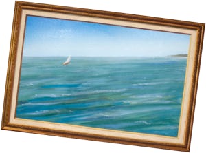 painting of a framed seascape painting, the frame is tilted but the horizon is still level