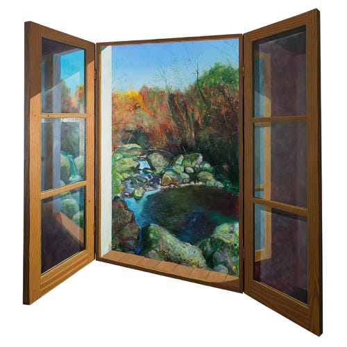 Shaped oil painting, triptych, by Paul Critchley