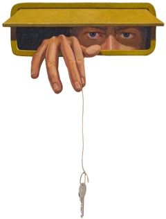 'I'm Back' oil on canvas on shaped aluminium panel with string and key ~ 55 x 28 cm