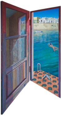 “Where is it?” “It’s a secret”  Triptych, oil on canvas on hardboard ~ 150 x 58.5 cm closed, 150 x 117 cm open