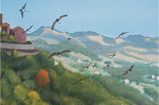 Triptych, The Life Outside, oil painting, open detail