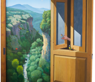 The altruistic hero who helps an ant deliver a flower to his partner. 200 x 150 x 150 cm  Corner painting, 14 separate pieces. Triptych and diptych with glass. Interchangable bottles and coffee pots. 