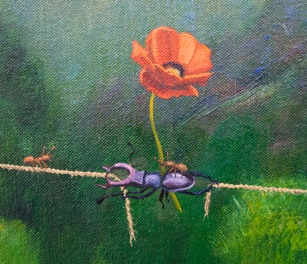 The altruistic hero who helps an ant deliver a flower to his partner. 200 x 150 x 150 cm  Corner painting, 14 separate pieces. Triptych and diptych with glass. Interchangable bottles and coffee pots. 
