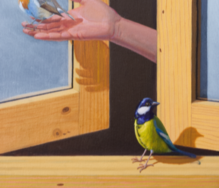 The altruistic hero who helps an ant deliver a flower to his partner. 200 x 150 x 150 cm  Corner painting, 14 separate pieces. Triptych and diptych with glass. Interchangable bottles and coffee pots. 