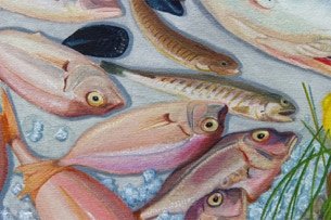 Shaped painting 'The Unschooled School' by Paul Critchley,detail