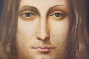 Copy of Salvator Mundi painted by Paul Critchley, detail