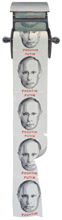 Painting by Paul Critchley of a toilet roll wit the face of Putin