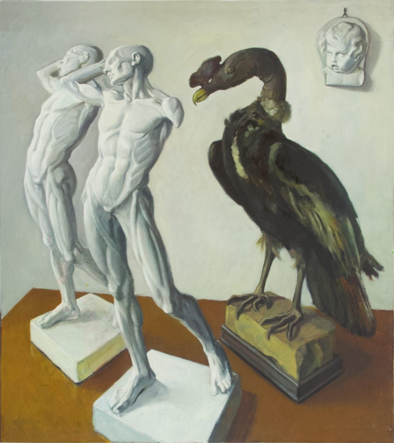 Oil painting with plaster casts and a stuffed vulture