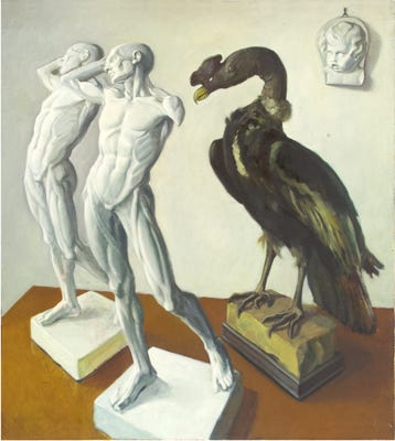 Oil painting by Paul Critchley : Painting of plaster models and a stuffed vulture.