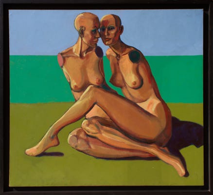 Oil painting by Paul Critchley : Painting of two shop mannequins looking as if they are having a conversation
