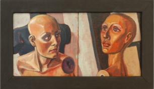 Diptych paintings 'Sultry Dame'  and 'Just who do you think you are talking to, scumbag?' by Paul Critchley. Exhibited by Colin Jellicoe at the 1985 London International Contemporary Art Fair